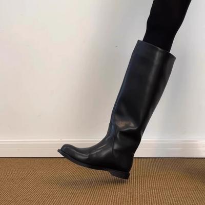 Версия из овчины~ ретро минималистичные низкокаблучные прямые сапоги женские кожаные с большим обхватом голенища тонкие и универсальные, но сапоги-ботфорты до колена