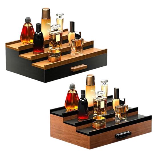 3 Tiers Wooden Perfume Display Stand with Storage Drawer Large Capacity Desktop Perfume Organizer Storage Box