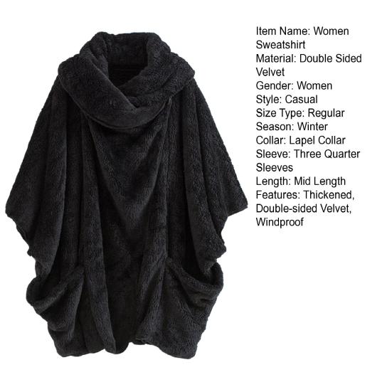 Women Winter Sweatshirt with Pockets Double-sided Velvet Baggy Irregular Large Turn-down Collar Solid Color