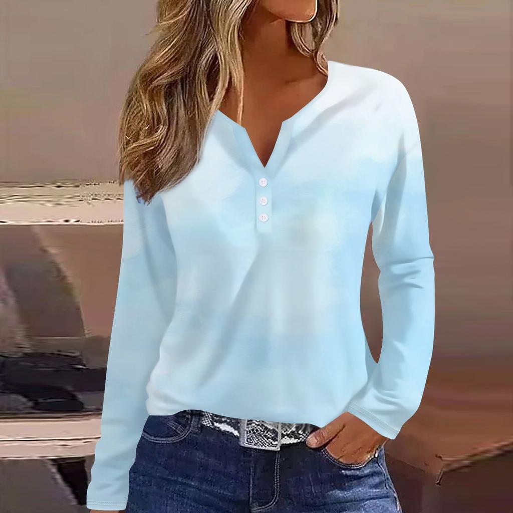 Женская модная повседневная футболка с v-образным вырезом и длинным рукавом с принтом, топ на пуговицах
