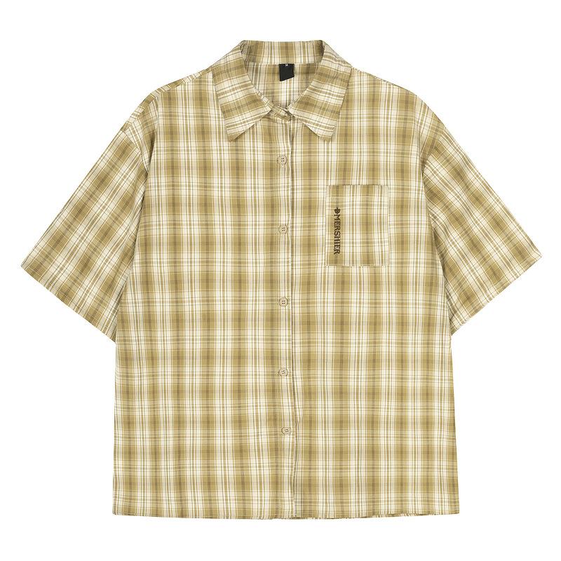 Apricot texture plaid short-sleeved shirt men's and women's loose casual vintage couple's top jacket ins tide