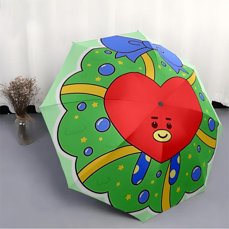 1 шт. Рождественский венок BT21, Зонт с автоматическим открытием/закрытием, Портативный дорожный зонт, Для повседневного использования - Наружный аксессуар, Художественный узор, Компактный дизайн, Модный