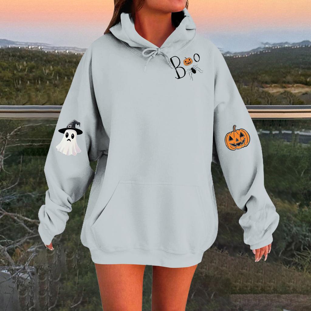 Женский однотонный пуловер с длинным рукавом, капюшоном и повседневным принтом на Хэллоуин