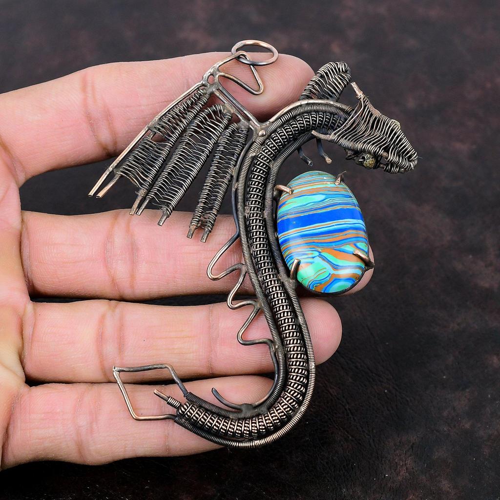 Rainbow Calsilica Pendant Copper Wire Wrapped Pendant Dragon Pendant Gemstone Copper Jewelry Gift For Women Handmade Jewelry Stylish Pendant