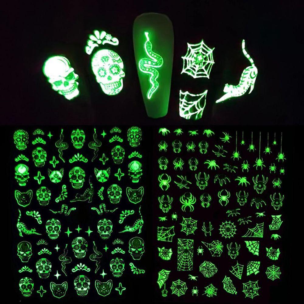 Adhesive Skull Pumpkin Spider Web Manicure Luminous 3D Halloween Nail Stickers Glow In The Dark