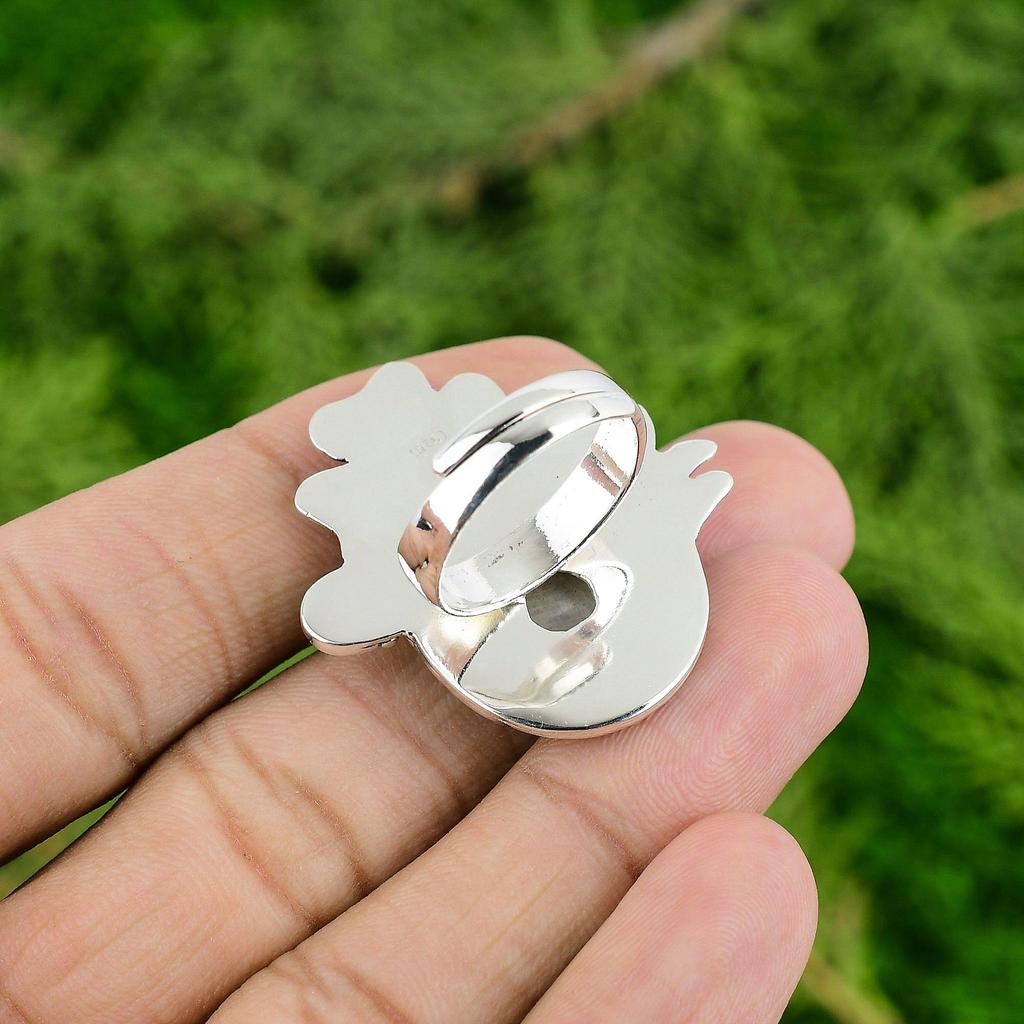 Natural Rainbow Moonstone Stackable Flower Adjustable Ring 925 Silver For Women