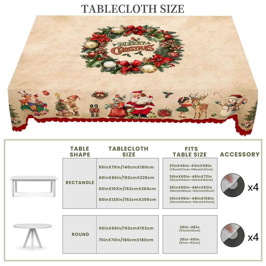Retro Country Farmhouse Christmas Tablecloth with Santa Claus and Gift Pattern Design, Merry Christmas Themed Printed Holiday Decor