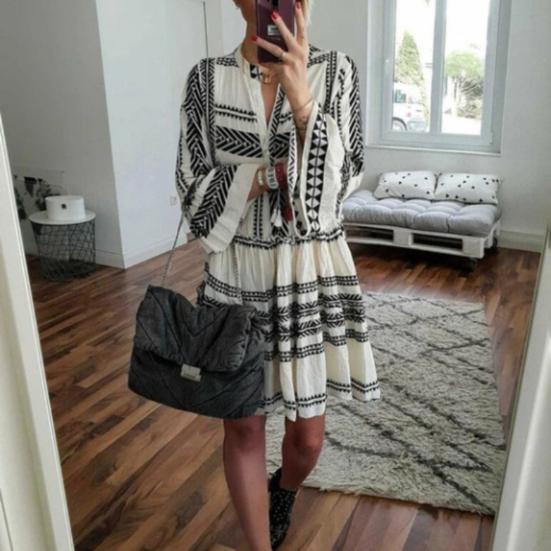 Women's Summer Pleated Short Dress Ruffled 3/4 Sleeve V Neck Button Up Mini Dress Boho Loose Flowy Beach Sundress