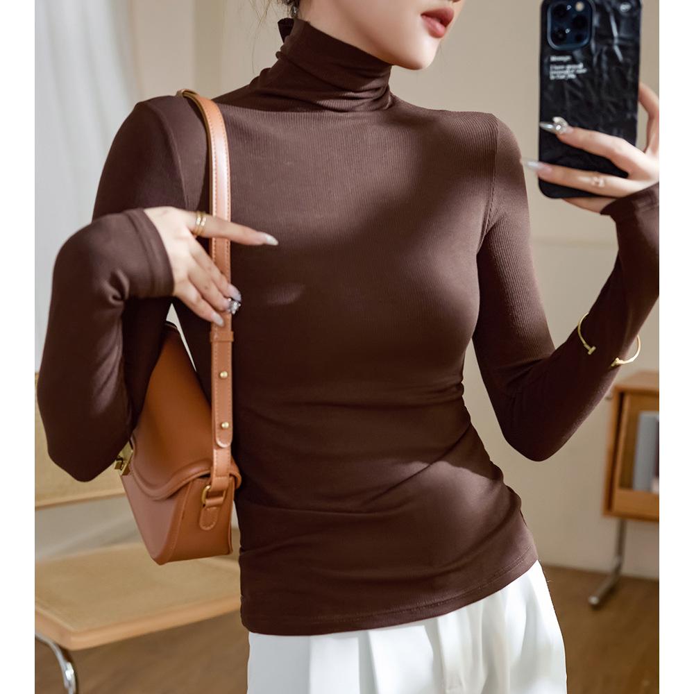 Threaded Cotton High-neck Base Shirt for Women Long-sleeved T-shirt Autumn and Winter Clothes Slim Fit and Shoulder Top