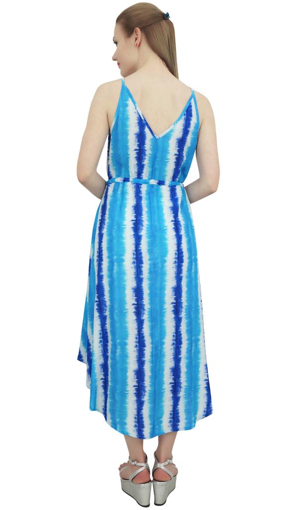 Bimba Women's Asymmetrical Blue Rayon Sleeveless Hem Dress With Tie Waist Dori -