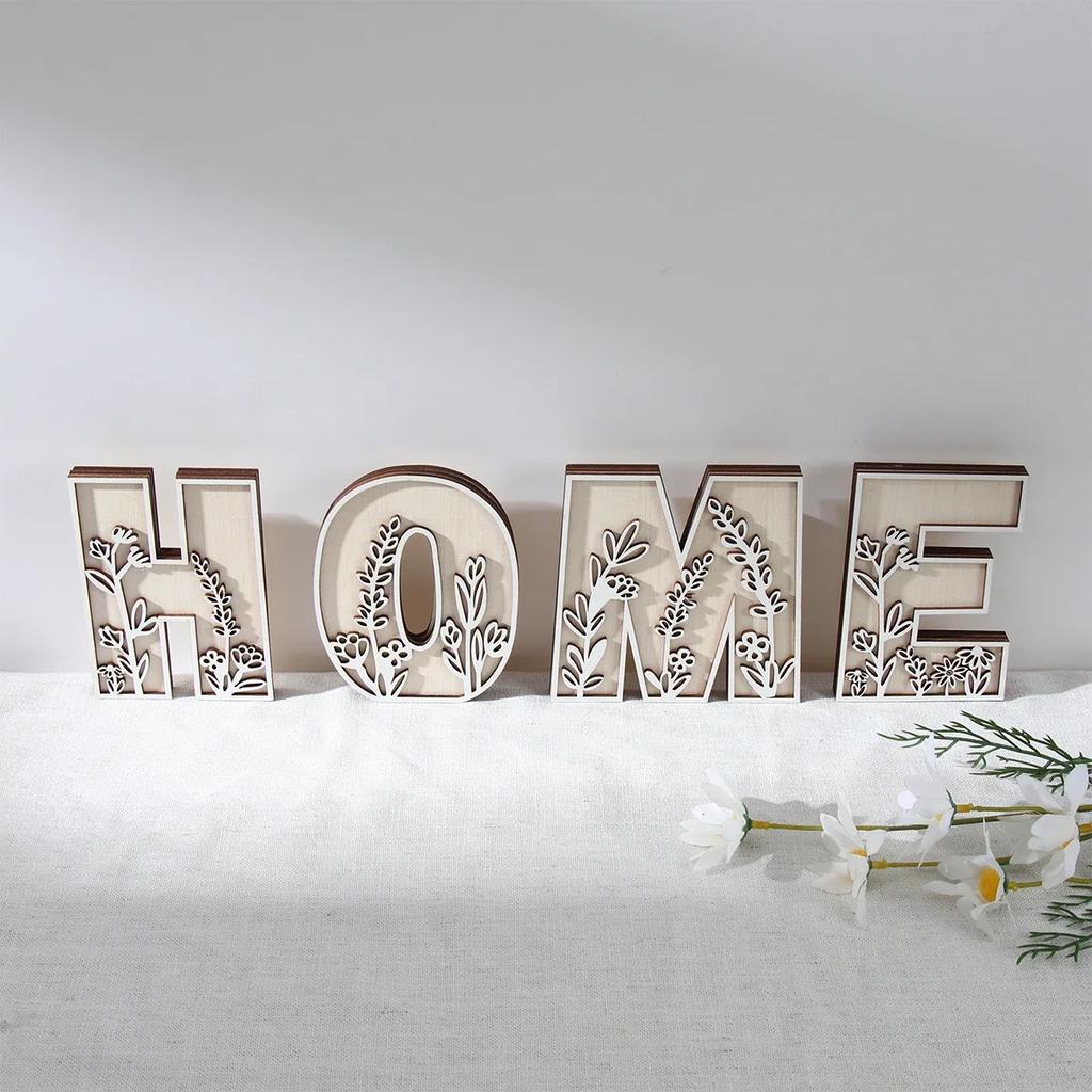 Wooden Alphabet Letters Wall Decor Set Engraved Floral Pattern Home Craft Ornaments Elegant Display for Living Room