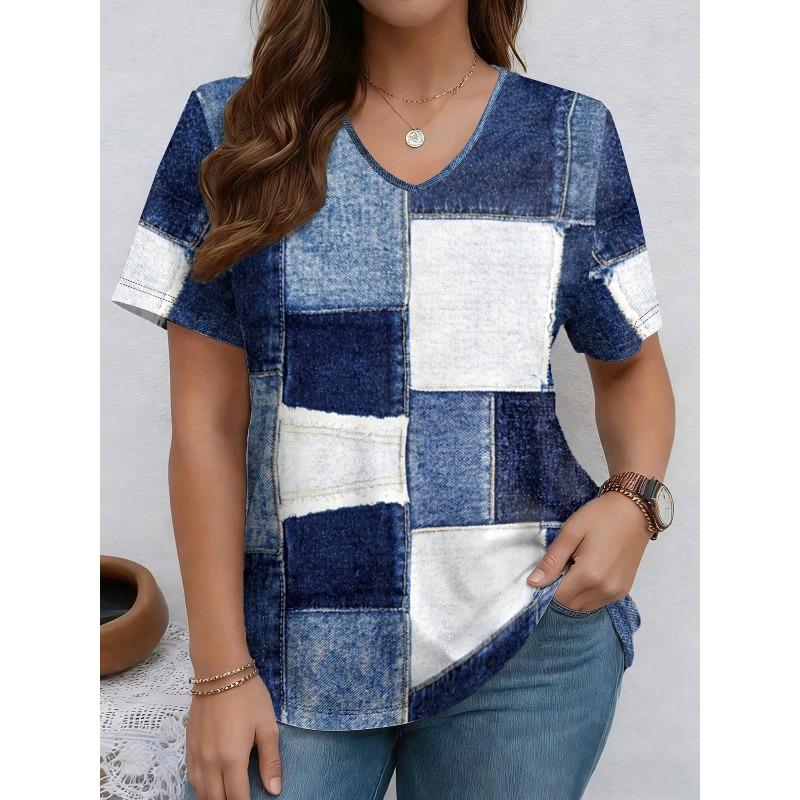 Women's T-shirt Retro T-shirt Summer Clothing Denim 3D Printed Top Large V-neck Street Casual Sports Loose Tops
