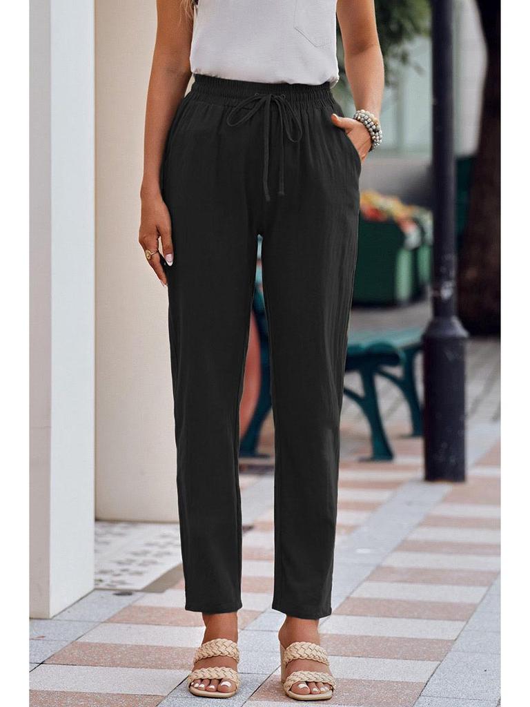 Женские хлопково-льняные брюки с кулиской и широкими штанинами