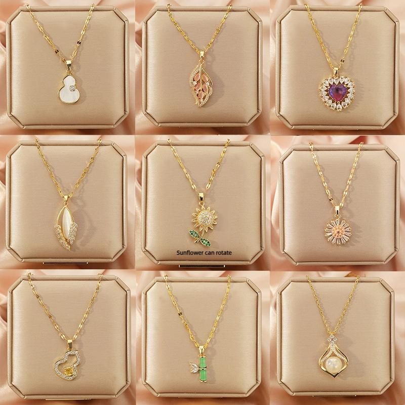 Luxury Shiny Stainless Steel 18k Gold Zircon Heart Butterfly Pendant Necklace Women Boutique Pearl Flower Leaf Necklace for Gift