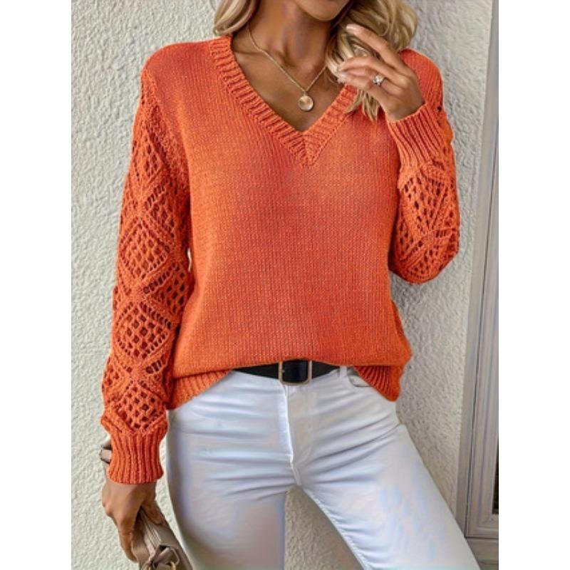 Fashion Long Sleeved V-neck Hollow Out Pullover Sweater Women Lace Loose Casual Top Solid Color Knitted Ladies Sweaters Autumn Winter Office Clothing