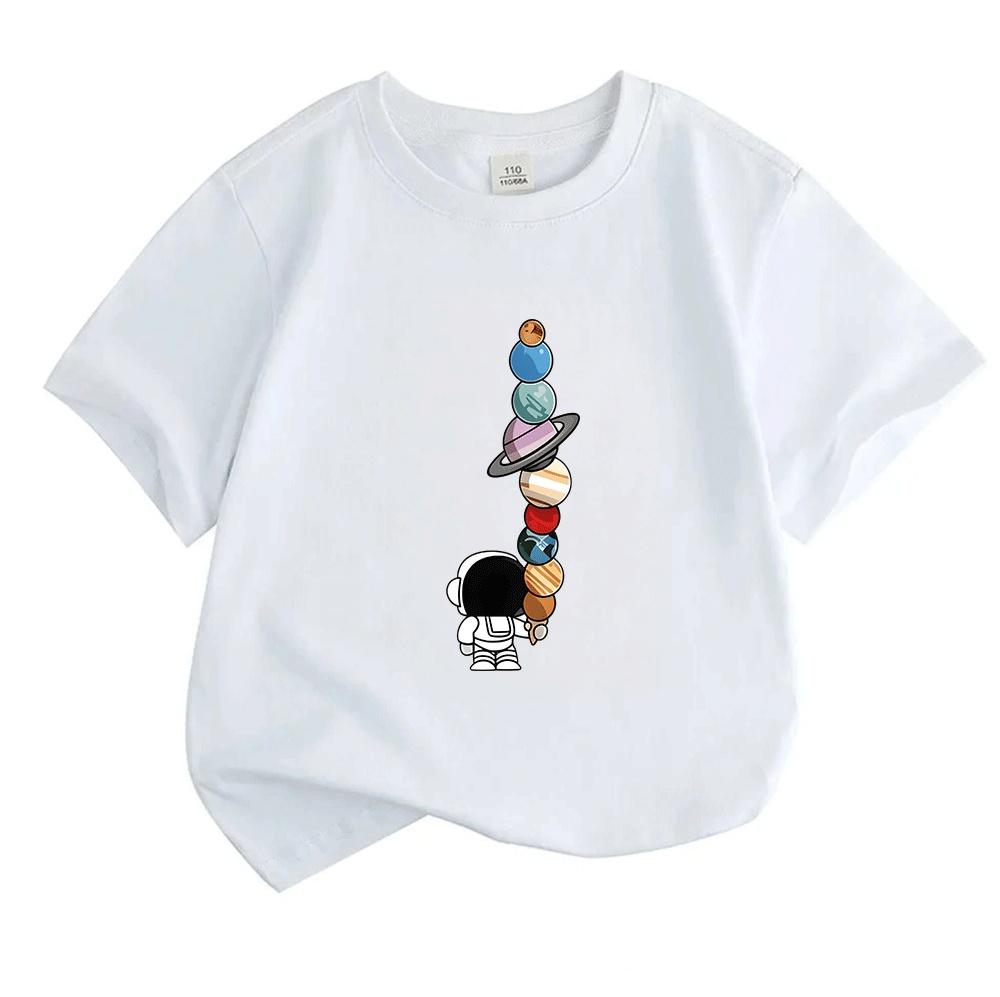 Kids Boys Girls Crew Neck Short Sleeve 100% Cotton T-shirt Cute Astronaut Balancing Planets Cartoon Space Pattern Casual Tees for Children Daily Wear