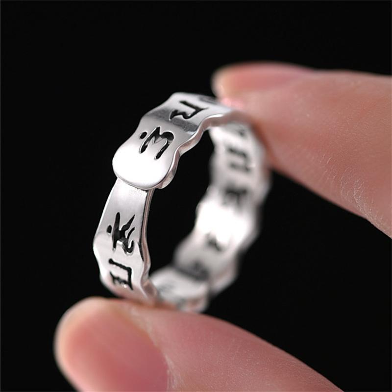 Винтажное санскритское полое кольцо с шестью символами буддийского сердца Сутры для мужчин, ювелирные изделия, индивидуальное кольцо из серебра 925 пробы, мужское кольцо на палец