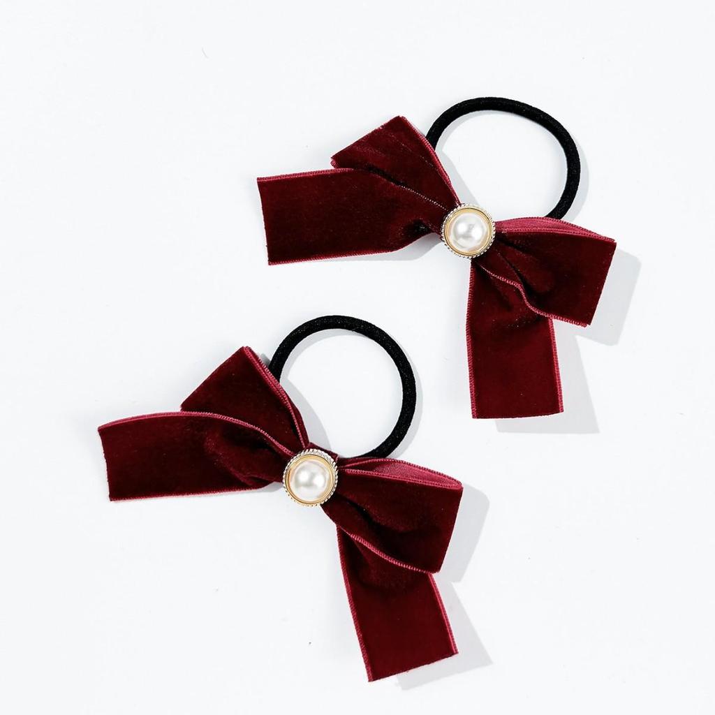 South Korea Pearl Velvet Bow Hair Tie - Sweet Retro Double Ponytail Accessory