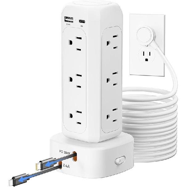 [2025 Upgraded] Power Strip Tower with Retractable Charging Cable, SUPERONE Surge Protector Tower with PD20W USB C and 12 AC Outlets, Flat Plug 6 FT