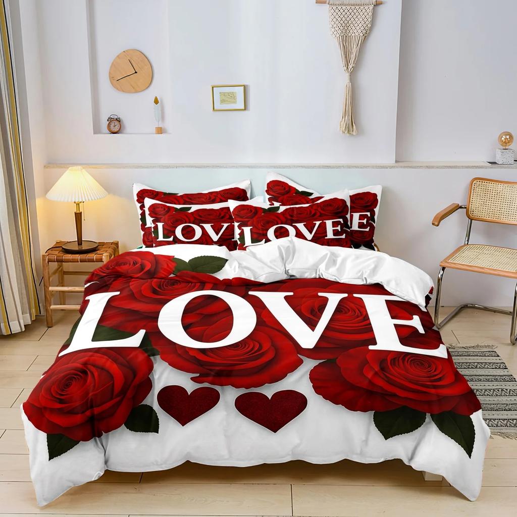 Romantic Love Letter Red Rose Flower Pattern Bedding Set Included 2/3Pcs Duvet Cover Pillowcases For Home Dorm Hotel Decor
