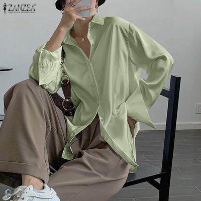 Женская повседневная блузка с отложным воротником, свободного кроя, с длинным рукавом, однотонная