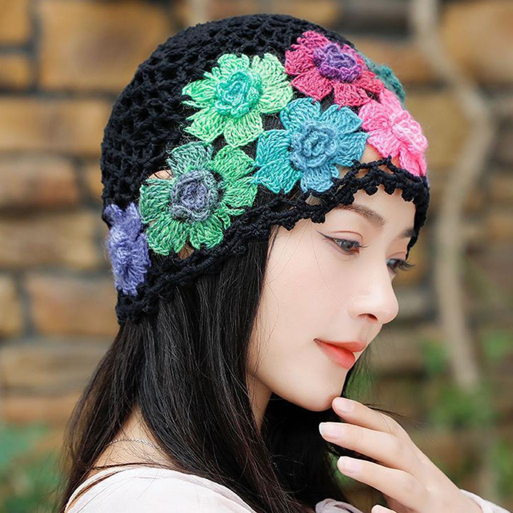 HollowOut Flower Cotton Beanie Hat Openwork Design Stretchy Skull Cap For Women Vacation Wear Photography Headpiece