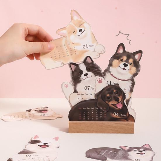 2026 Small Desk Calendar with Wooden Base Cute Dog Cat Patterns Monthly Planner