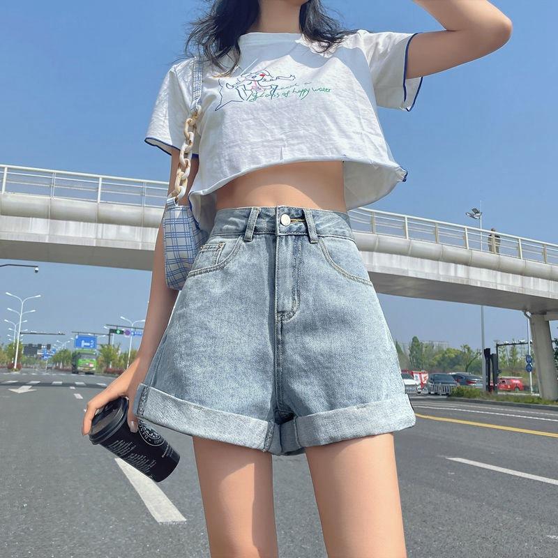 Классические и минималистичные модные универсальные женские летние шорты с завышенной талией, тонкие, большого размера, свободные, A Word, джинсовые шорты, индивидуальность и модность