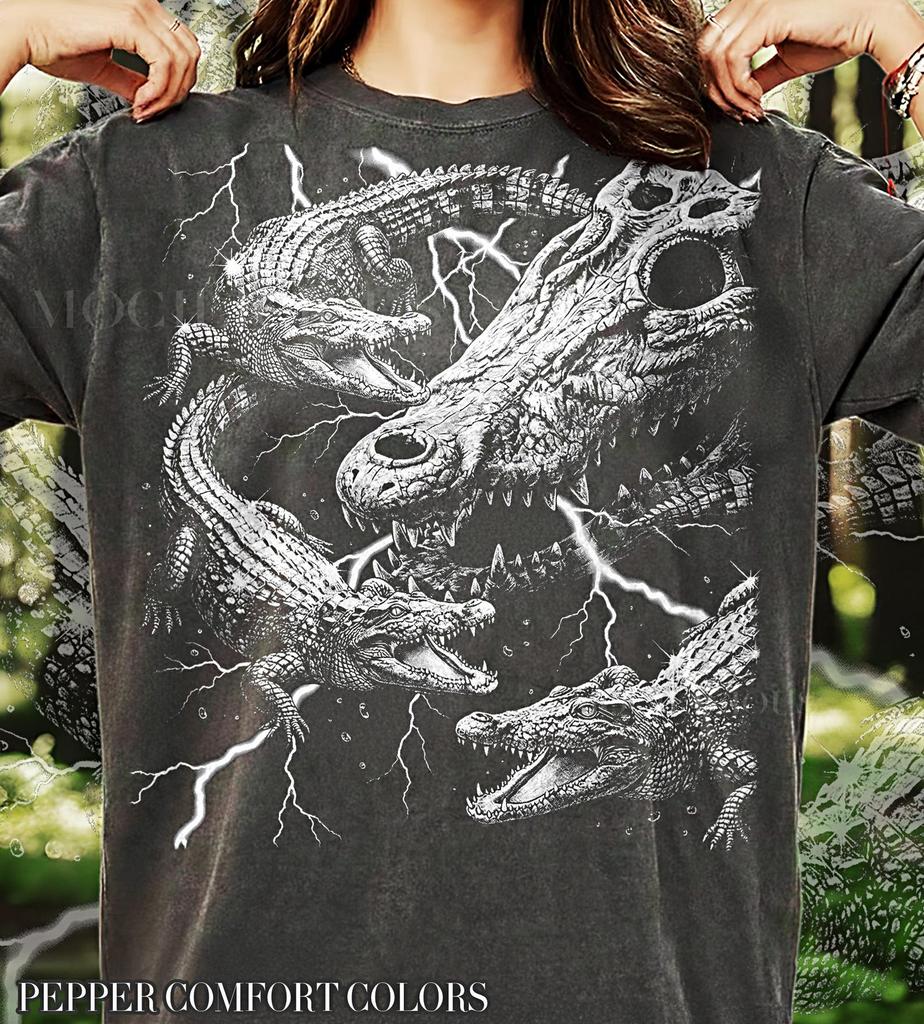 Vintage Crocodile 90s Graphic Style Comfort Colors® Tshirt, Retro Alligator Skull Lightning Tee, Swamp Streetwear, Y2k Reptile Lover Gift