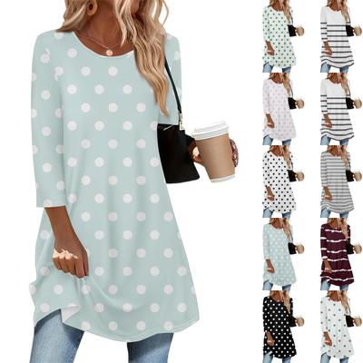 Женская Мода Повседневный Топ с Рукавом Три Четверти, Длинный, в Полоску, с Принтом в Горошек, Круглый Вырез