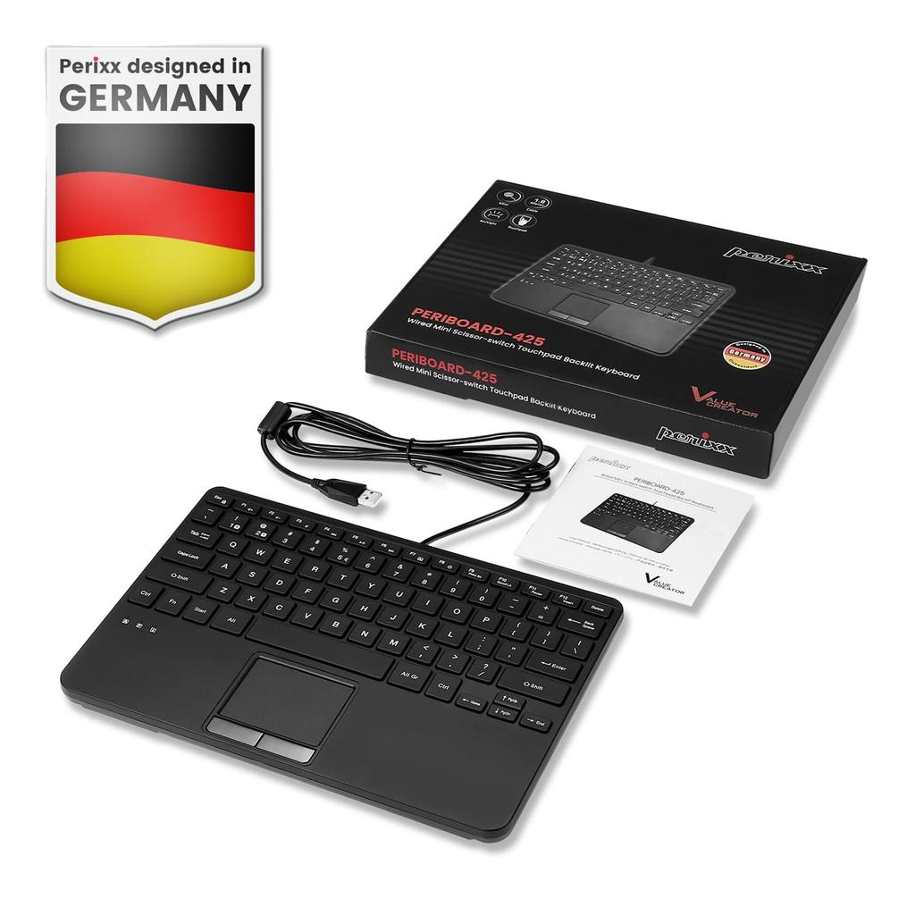 Perixx Keyboard with Touchpad Wired Mini USB Backlit 2USB Hub English Layout PERIBOARD-425