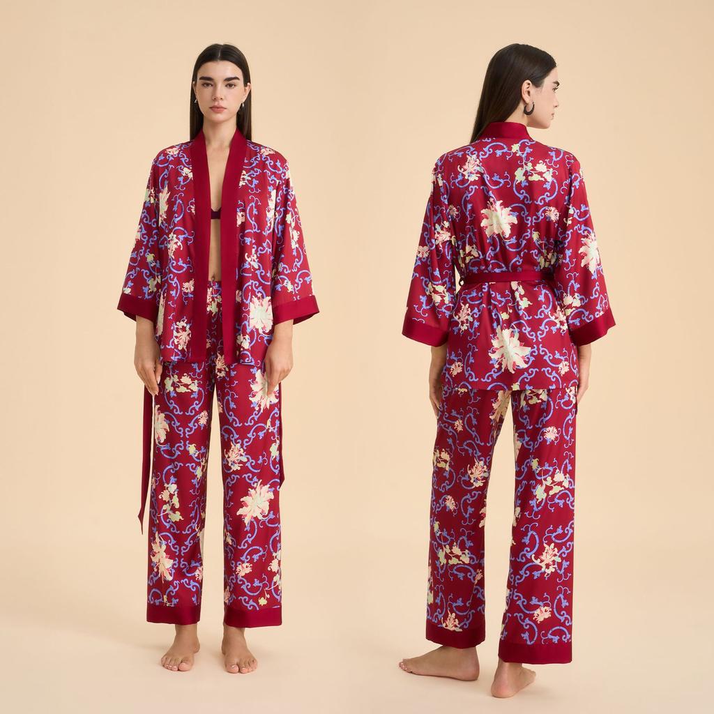 New high-end long-sleeved cardigan pajamas women's spring and autumn flower printing satin chiffon loungewear set TZ1000