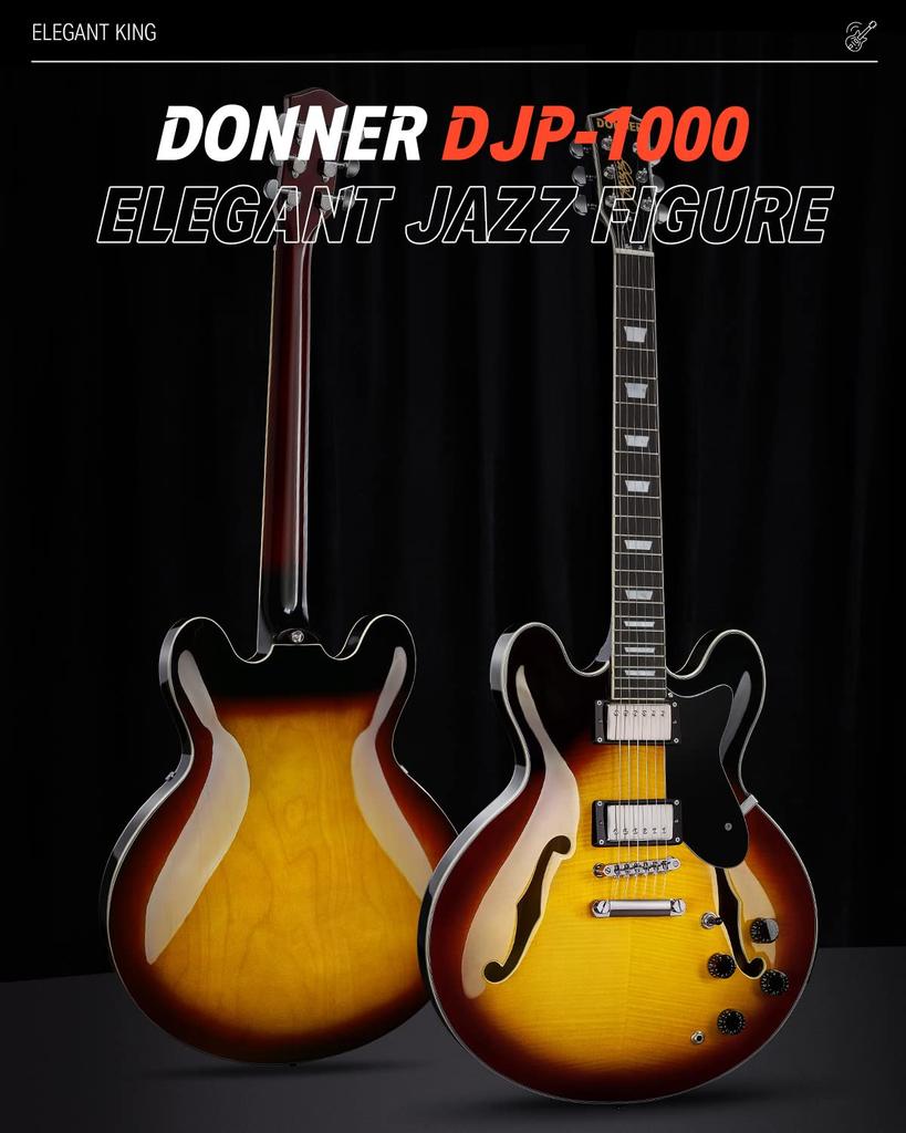 Donner Electric Double Tiger Color DJP-1000B Semi-Acoustic Guitar, Semi-Hollowbody, Cutaway,