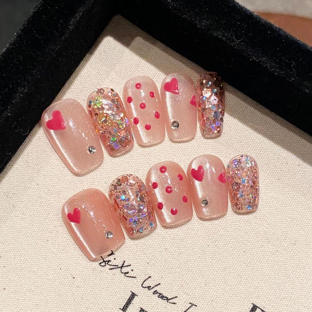 10PCS Heart Cat Eye Rhinestone Fake Nails for Sweetheart Design