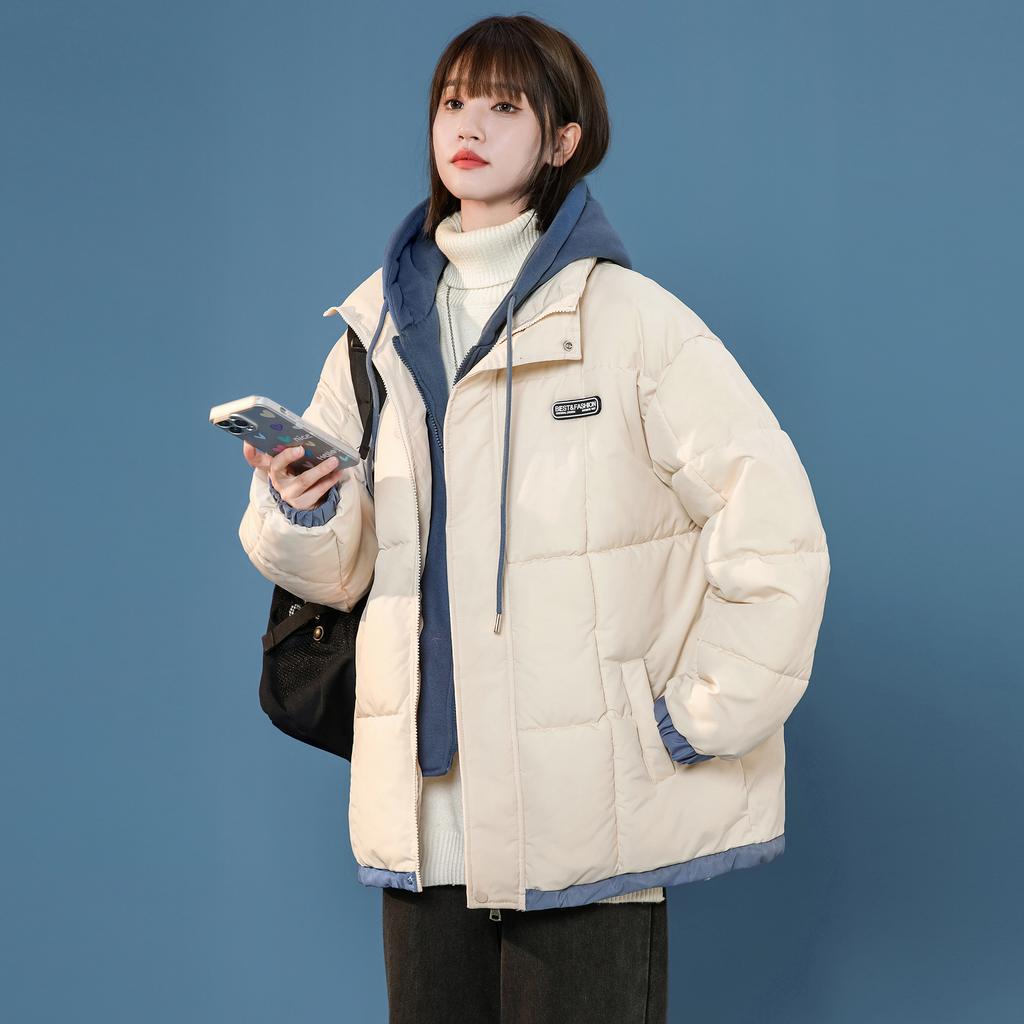 Hooded Cotton-padded Coat Winter Large Size Color Matching Fake Two-piece Cotton-padded Bread Jacket