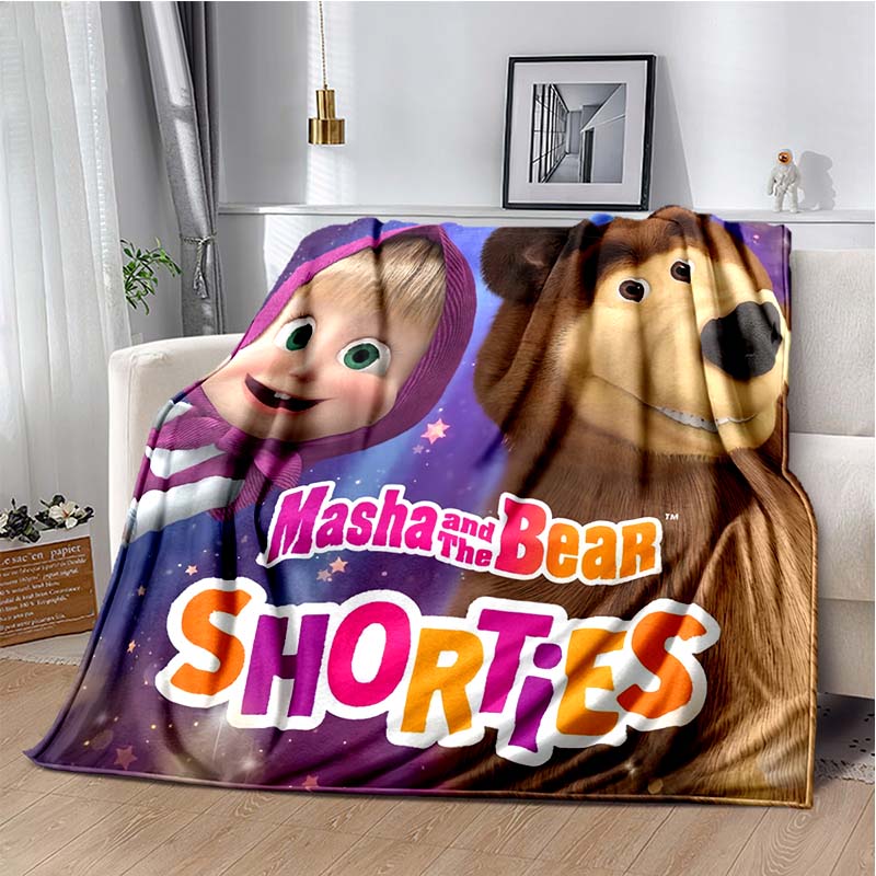 Cute Girl and Brown Bear Print Flannel Blanket, Kids Cartoon Throw Blanket