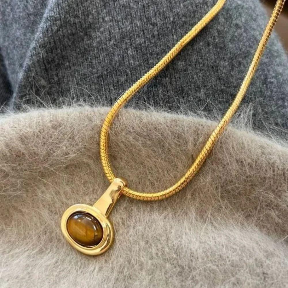 Подвеска из камня Тигровый глаз, ожерелье из титановой стали, женское ожерелье, цепочка для свитера, ювелирные аксессуары