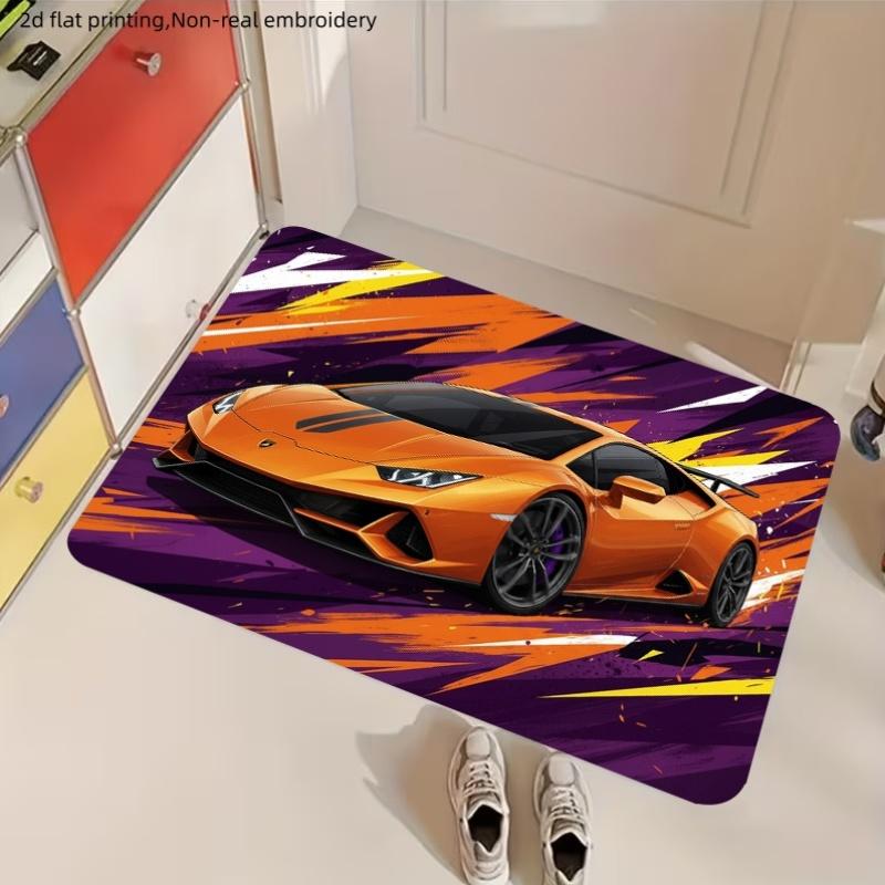 1pc, 2D Flat Printing, Orange Sports Car Pattern Floor Mat, Doorway Entrance Rug, Non-Slip And Machine Washable Polyester Carpet, Suitable for Home An