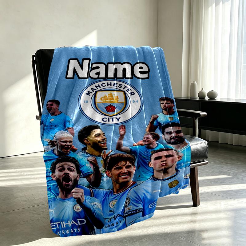 Custom Name Personalized Manchester City FC Print Blankets, Home Decor, Bedroom, Sofa, Camping, Couch, Gifts for Birthday Christmas