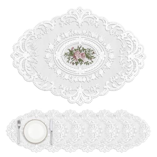 Set of 6 Polyester Oval Placemats 18x12 Inch Vintage Retro Lace Pattern Non-Slip Washable Table Mats for Indoor Outdoor Dining White