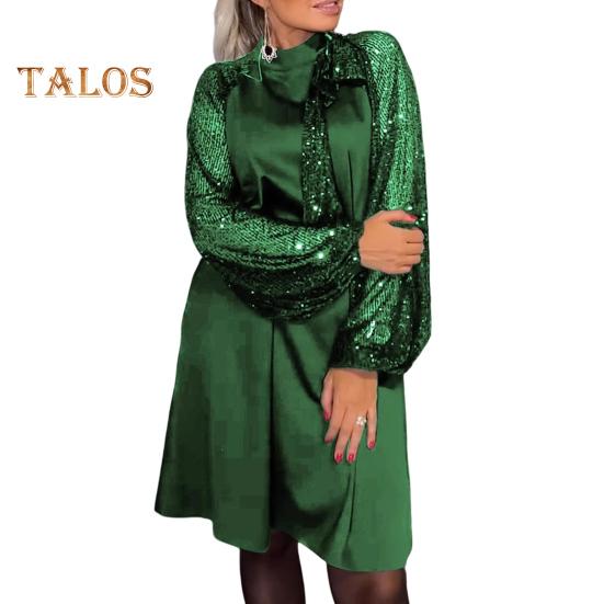 Lady Evening Dress Lace-up Strap Sequin Patchwork Long Lantern Sleeves Round Neck Spring Auutmn Midi Dress Loose Prom Party Dress