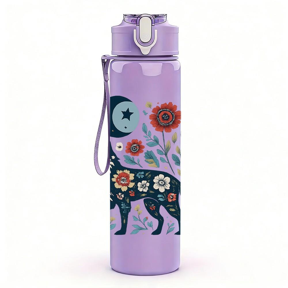 1PC Moon Floral Fox Pattern 750ml Color Plastic Sports Water Bottle Leakproof Flip Straw Lid Suitable for Sports Office Home Use