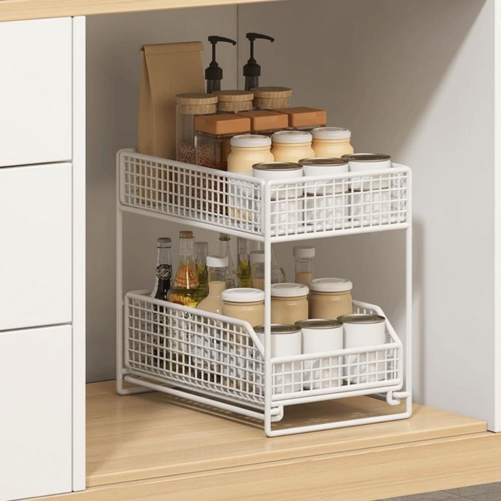 Iron 2 Tier Storage Basket Stable Frame Sliding Cabinet Basket Cabinet Organizer for Kitchen