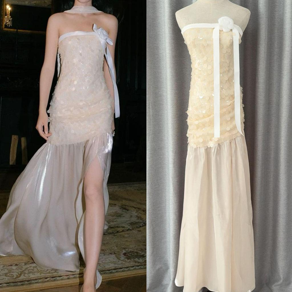 In Stock: Strapless Sweet 3D Floral Patchwork Mesh Long Dress