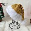 Sequin Christmas Hat for Adults Sparkly Santa Women Men, Glitter with White Fluffy Trim Reusable Cap Stage Performance And Pom Pom, Holiday