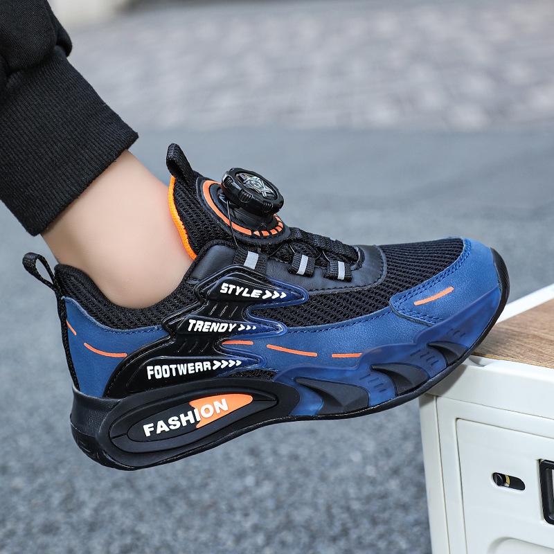 Foreign Trade Children's Sports Shoes Spring and Autumn New Mesh Leather Boys Lightweight Running Shoes Rotating Buckle Primary School Sneakers