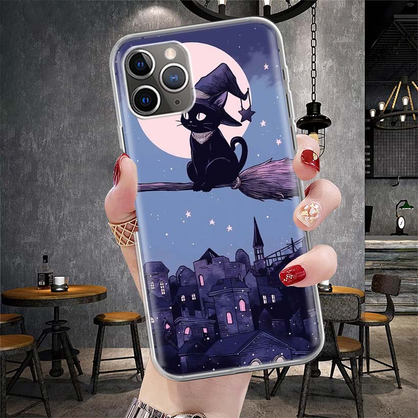 Аниме Милый Черный Кот Мяу Мягкий Чехол Для Телефона Для IPhone 11 17 Air 16E 16 Pro Max 15 + 14 Plus 13 Mini 12 Apple 7 SE 8 Fundas Coque
