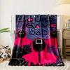 Red hooded figures with geometric masks over a cosmic backdrop. for all seasons blanket lunch break throw gift