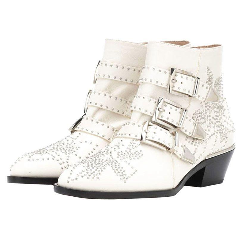 Модный бренд Подиум Заклепки Коровья кожа Короткие ботинки Осень Зима Ретро Большой размер35-45 Ботильоны 4 см Толстый каблук Рок Ночной клуб Женская обувь