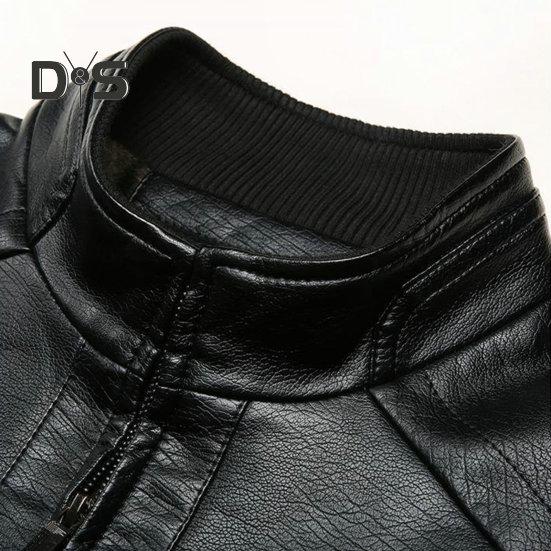 Мужская куртка из искусственной кожи, сплошной цвет, воротник-стойка, гладкая, толстая, теплая, с длинным рукавом, на молнии, защита шеи, мотоциклетная, ветрозащитная, крутая осенне-зимняя куртка